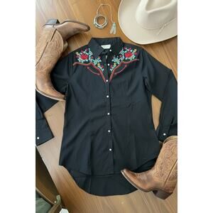 Vintage Goa Black Embroidered Western Snap Button Shirt Medium NWT Floral